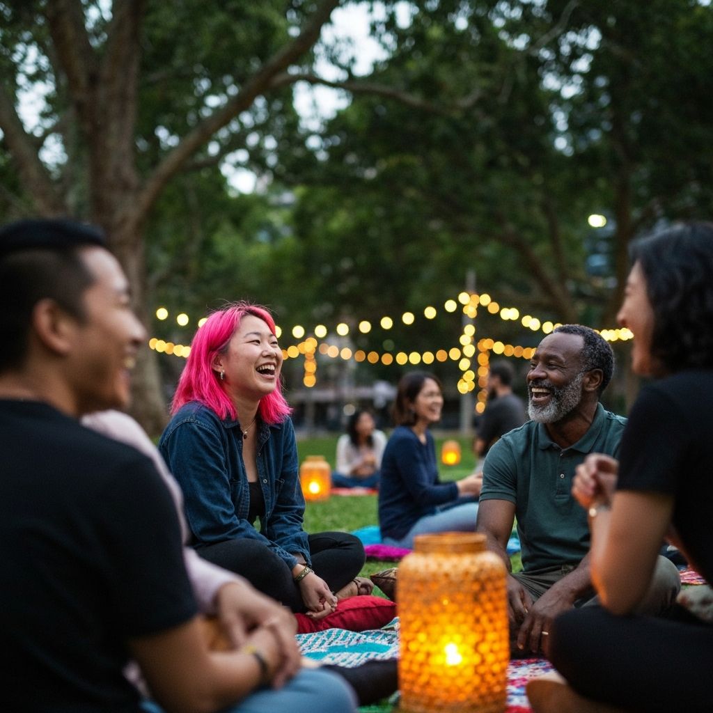 Viral Happiness community gathering at dusk with fairy lights